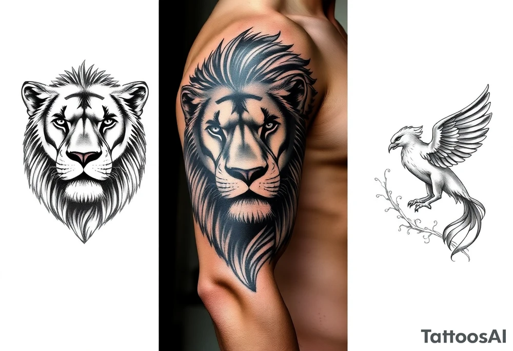 Lion face-on, phoenix face-on rising from ashes to night sky and subtle Leo zodiac tattoo idea