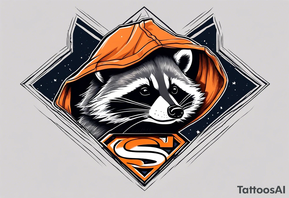 Raccoon wearing an orange Superman hoodie tattoo idea