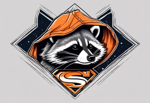 Raccoon wearing an orange Superman hoodie tattoo idea