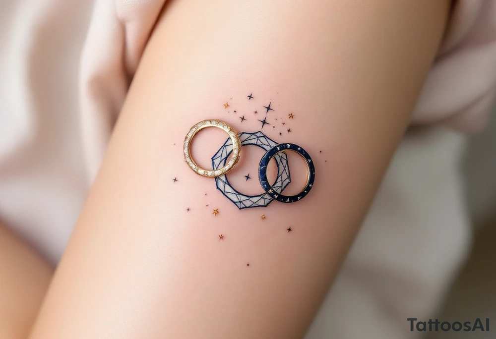 A trio of celestial rings in soft white, navy blue, and shimmering gold, representing love that transcends time and space. tattoo idea