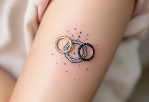 A trio of celestial rings in soft white, navy blue, and shimmering gold, representing love that transcends time and space. tattoo idea