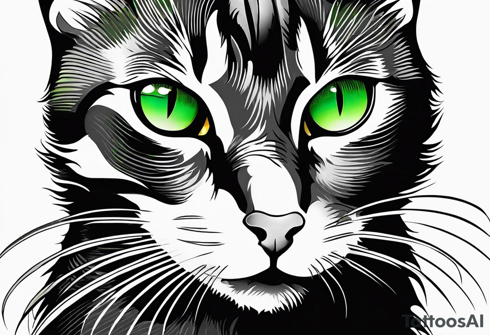 Black cat with green eyes hissing with its tail wrapped around a sword tattoo idea