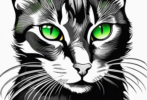 Black cat with green eyes hissing with its tail wrapped around a sword tattoo idea