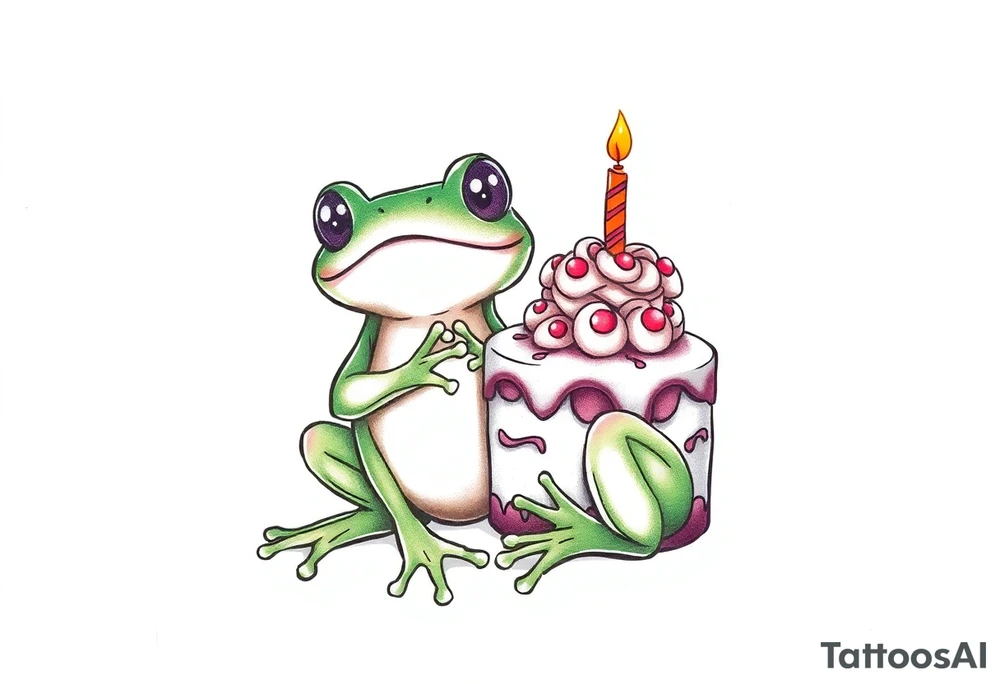 A frog and a birthday cake tattoo idea