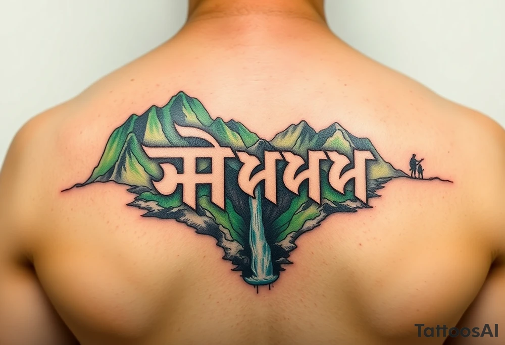 The Burmese word သား Inside of a photo the subject of the photo.  The photo surrounded by a colorful green mountainside with a waterfall tattoo idea