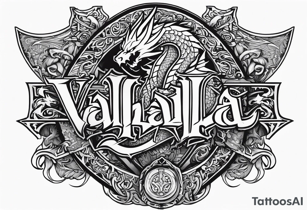 Valhalla sword shield dragon axe tattoo idea