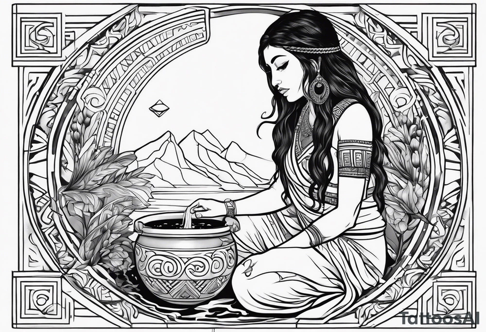 Aquarius water barrer she has a roman pot she is filling with water by a water fall she is native American dark eyes,tattoos her body covered with a silky material and her beauty is blinding tattoo idea