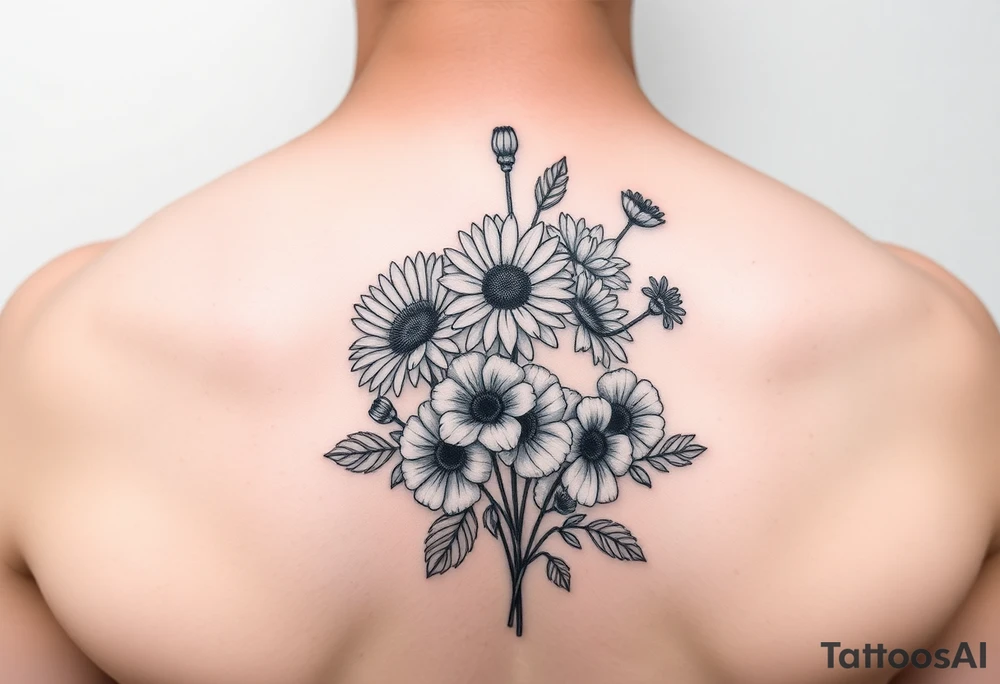 Flower bouquet with Chrysanthemums, poppy’s and violets tattoo idea