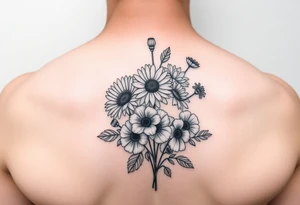 Flower bouquet with Chrysanthemums, poppy’s and violets tattoo idea