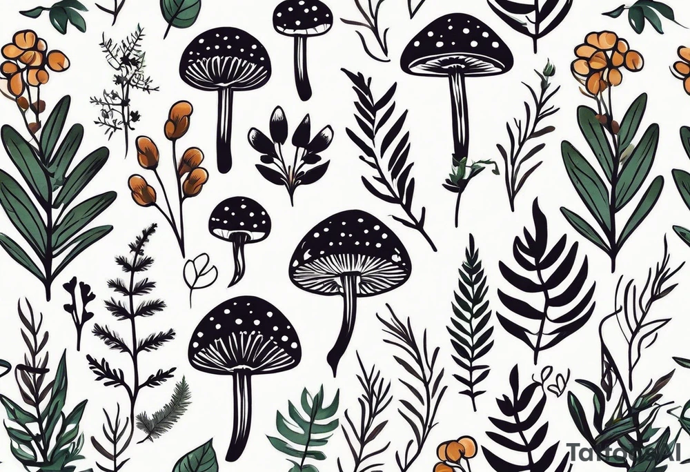 forest floor inspired minimalist tattoo, which includes grass, curly ferns, moss and dead leaves as the bulk of the tattoo. details to include: forest berries, a tiny bumblebee flying nearby, three small brown mushrooms
Generate a vertically long one tattoo idea
