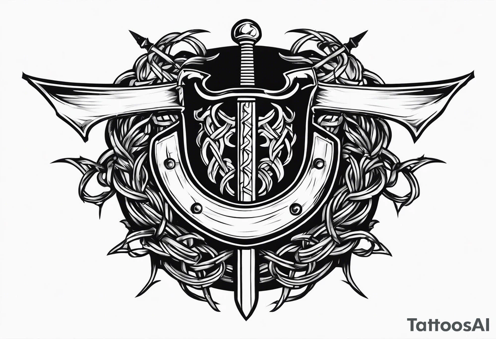 Valhalla sword shield axe barbed wire chains dark cloud tattoo idea
