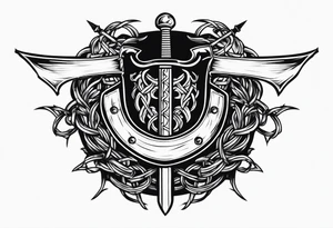Valhalla sword shield axe barbed wire chains dark cloud tattoo idea