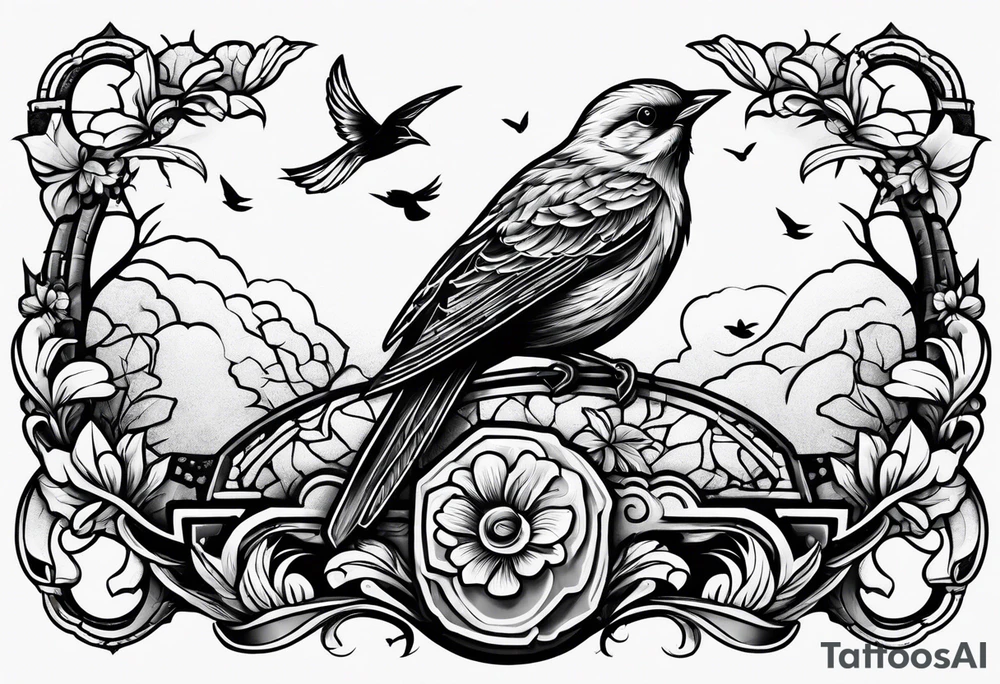 Bird resting on a grave stone tattoo idea