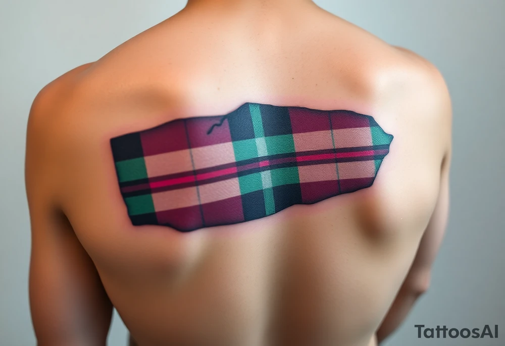 arm Dark Purple with green pink blue and white highlights tartan fabric with flesh peeling away at edges tattoo idea