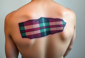 arm Dark Purple with green pink blue and white highlights tartan fabric with flesh peeling away at edges tattoo idea