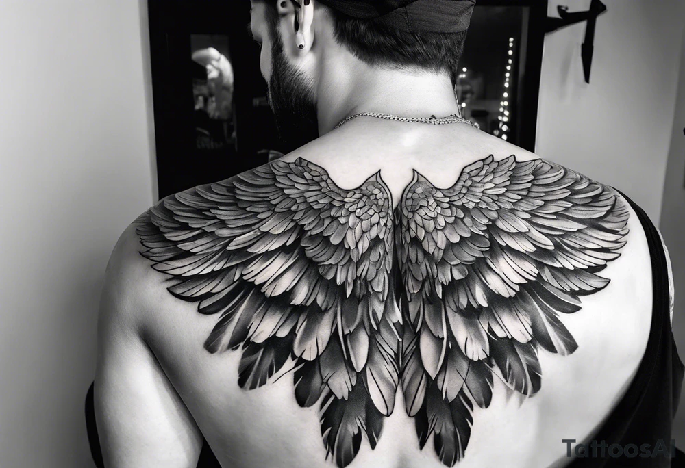 wings tattoo extending from a mens shoulders, covering the upper arms and upper back. The feathers are intricately detailed, with soft shading in black and gray to create depth and texture. tattoo idea