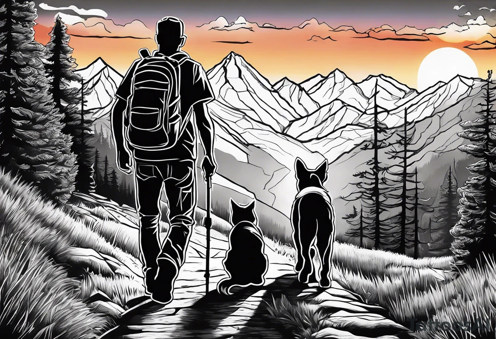 nature, sunset, mountains, a father and son hiking with their dog and cat and a cross tattoo idea