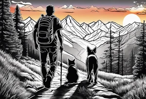 nature, sunset, mountains, a father and son hiking with their dog and cat and a cross tattoo idea