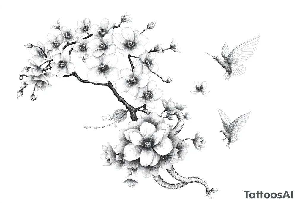 Orchid or cherry blossom tree and lotus and snake and angels on a woman tattoo idea