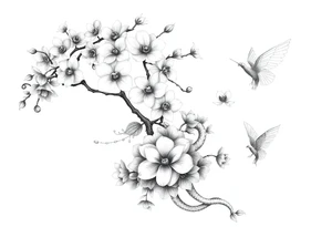 Orchid or cherry blossom tree and lotus and snake and angels on a woman tattoo idea