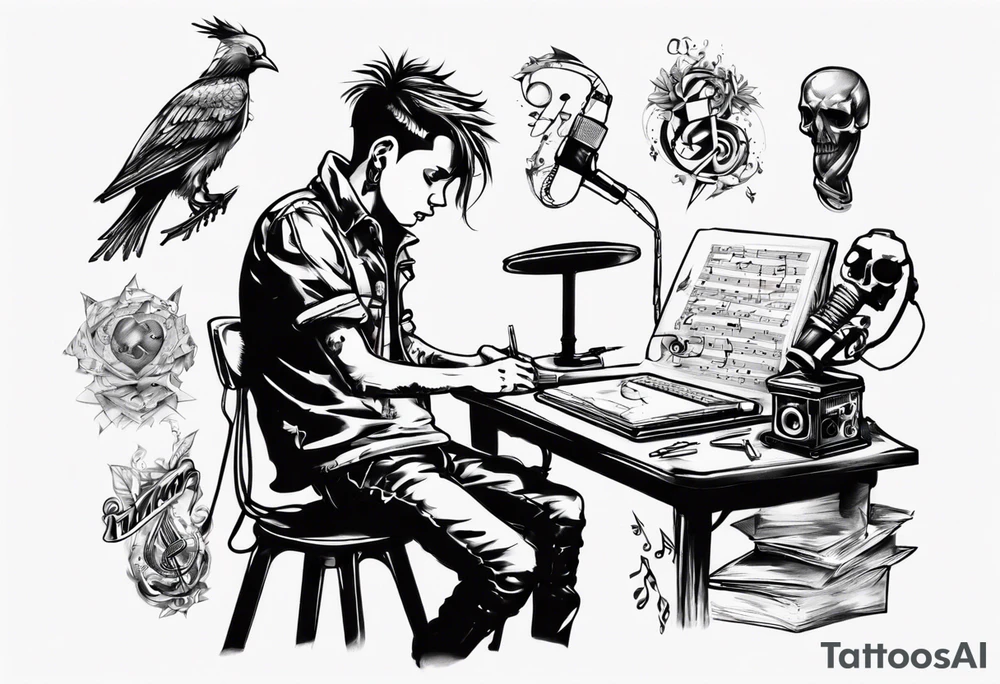 boy sitting at desk humming music tattoo idea