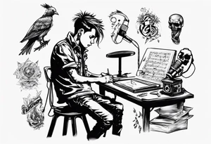 boy sitting at desk humming music tattoo idea