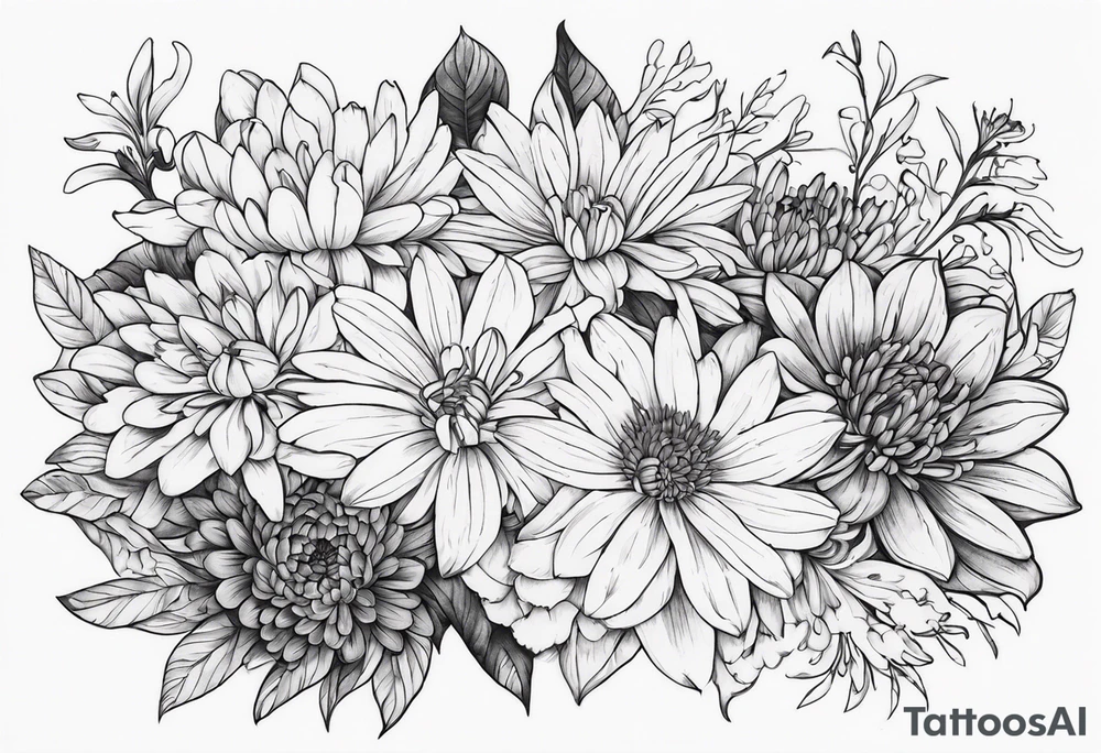 Asters, lillies, and chrysanthemums in a long line tattoo idea