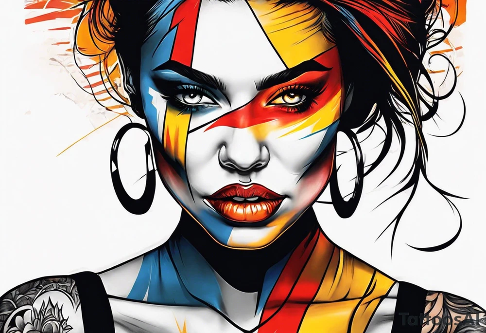 Orange, red, yellow primary colors.  Woman face coming out of skull with large sharp teeth tattoo idea