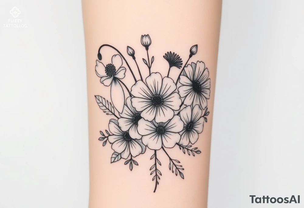 Bouquet of snowdrop, honeysuckle, poppy, aster and cosmos tattoo idea