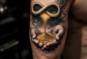 A hand pouring golden sand from one palm to another, forming an infinity loop, symbolizing the continuous flow of karmic justice. tattoo idea