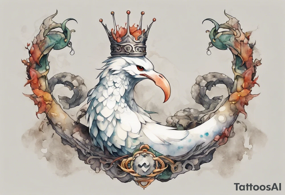 a white bird-serpent hybrid, wearing a iron crown, sitting on a stone tattoo idea