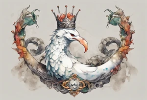 a white bird-serpent hybrid, wearing a iron crown, sitting on a stone tattoo idea