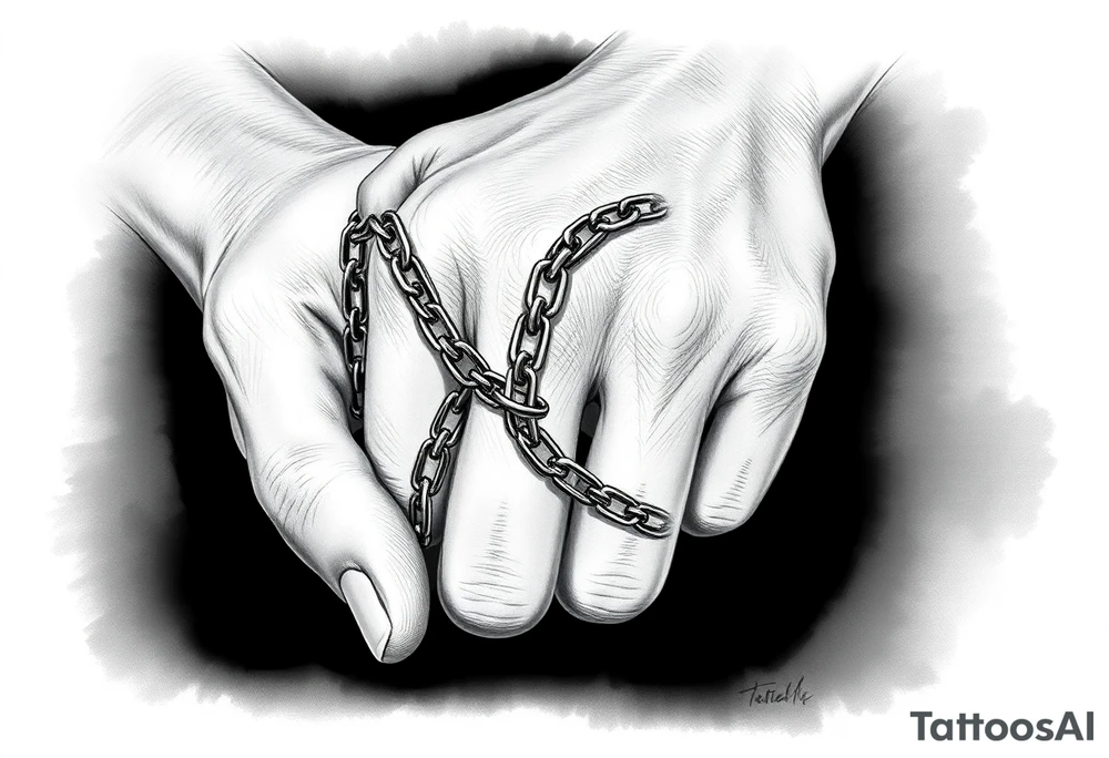 Chains wrapped on thumb and pointer finger connecting together on the hands tattoo idea