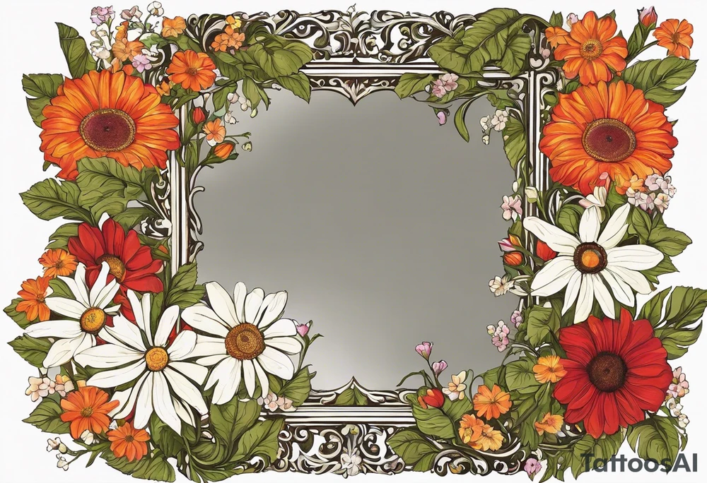 My idea is roughly a square mirror, surrounded by flowers. In the mirror, near the upper right corner, there is an eye (with a passionate, fiery feeling). The flowers are positioned in the upper left corner and the lower right corner. The floral arrangement would have leaves under the flowers, with a rose in the upper left and a daisy in the lower right. I'll add more details around the eye. I want the face to be very blurred, almost invisible, with only the eye being particularly clear, as if the entire face is backlit but the eye remains sharply in focus. Overall, I want to create the feeling that I am looking at this mirror. tattoo idea