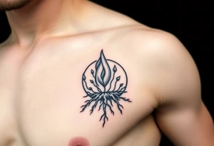 flame in a roots circle, with little sprouts on the circle tattoo idea