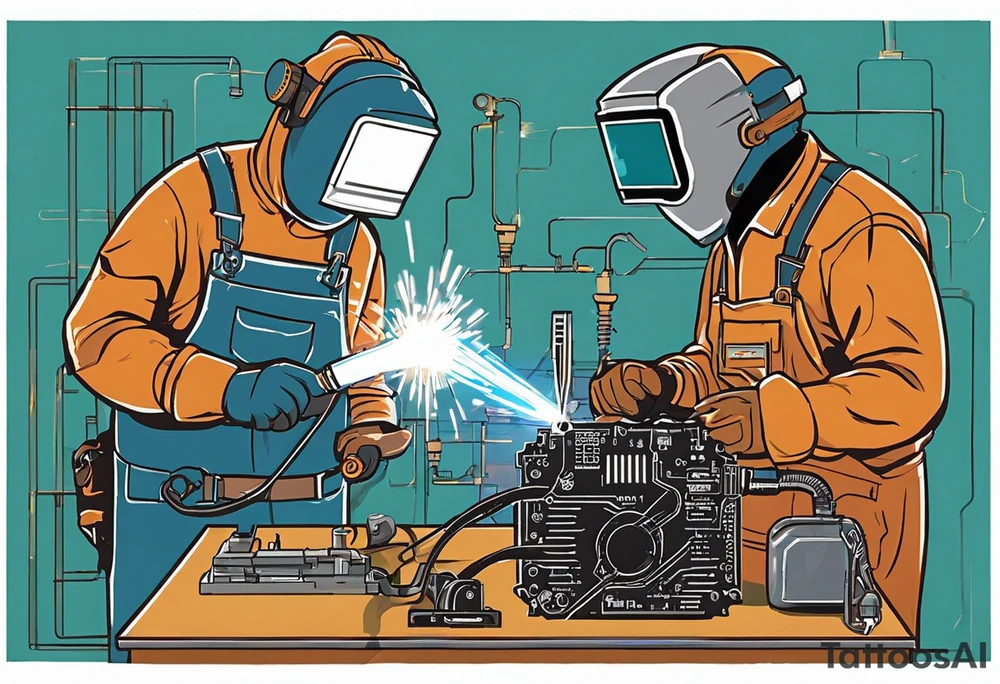 Two 60-year-old characters working together on creating a big mechanism made of iron and electronic circuits. The first character is a welder, dressed in a welding suit and mask. The second character is a fitter, wearing a shirt with sleeves rolled up to the forearms and a tool belt. No hat. The mechanism they are working on should be in the center of the drawing, should look like a heart and to be 1\5 of the whole immage.  Characters positioned on either side of the mechanism. The sketch should convey a sense of teamwork and craftsmanship tattoo idea