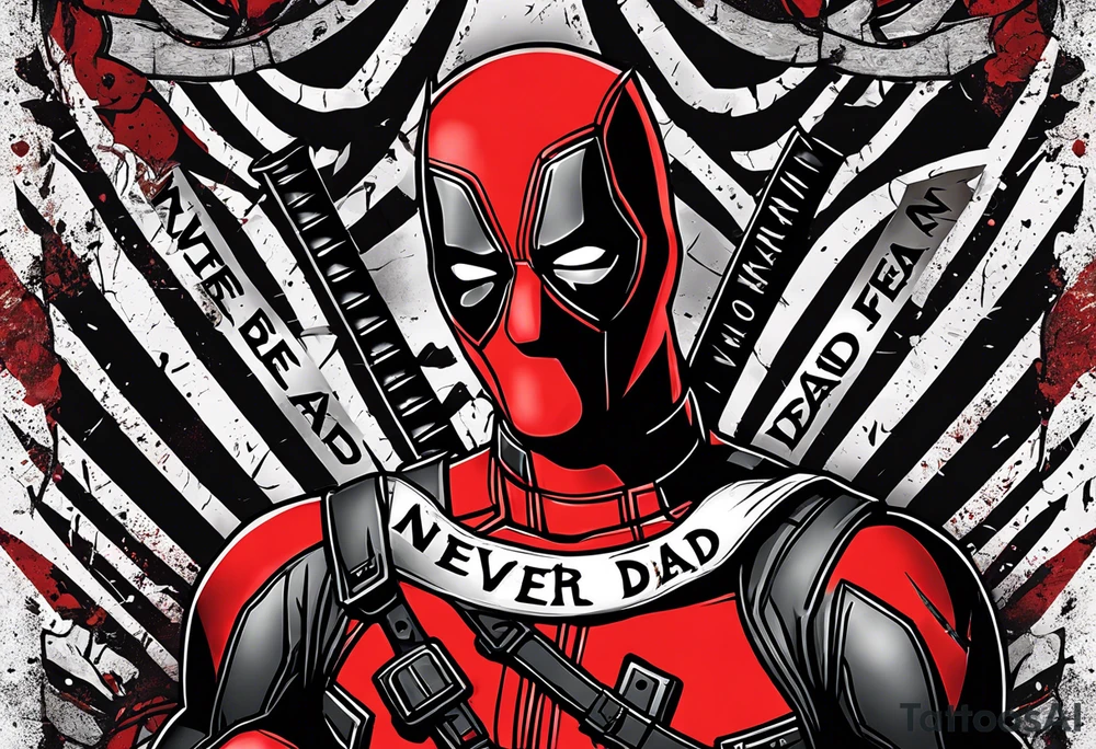 Banner with Text: A worn, dark banner wraps around Deadpool with the phrase "NEVER DEAD" in bold, cracked letters that give a strong and aggressive impression. The banner has small torn details, as if it’s been through rough conditions, with shading that adds depths. tattoo idea