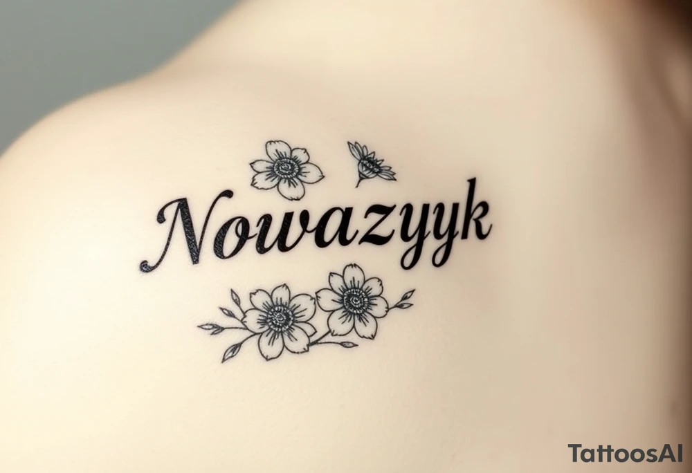 The word "Nowaczyk" with three flowers on the lower tricep, medium size tattoo idea