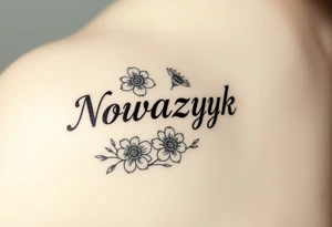 The word "Nowaczyk" with three flowers on the lower tricep, medium size tattoo idea