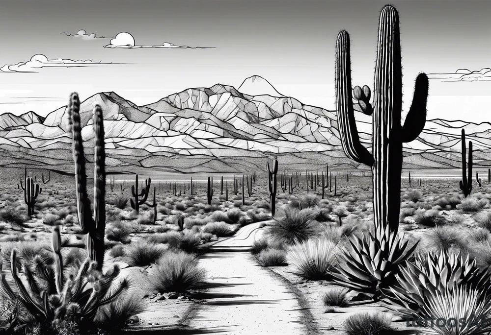 Running through desert with two cacti, road and numbers 13.1 tattoo idea