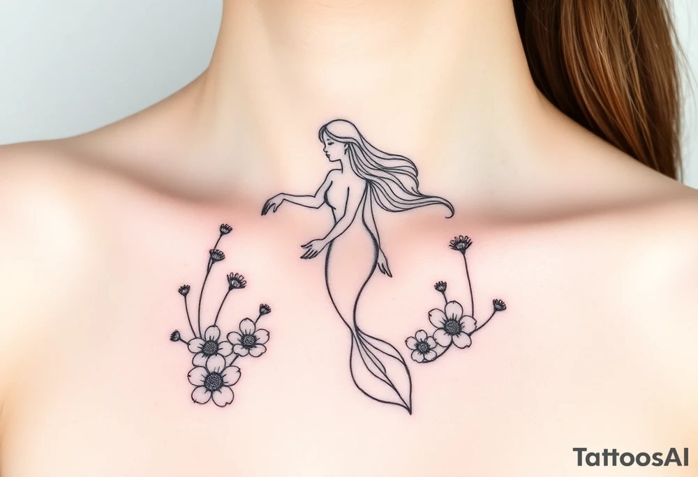 ethereal mermaid with flowing hair among coral and sea flowers tattoo idea