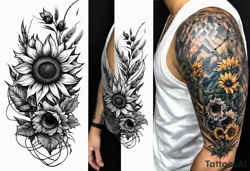 Sunflower, wheat, and barbed wire half sleeve tattoo idea