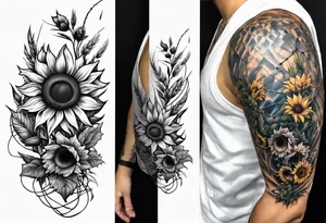Sunflower, wheat, and barbed wire half sleeve tattoo idea