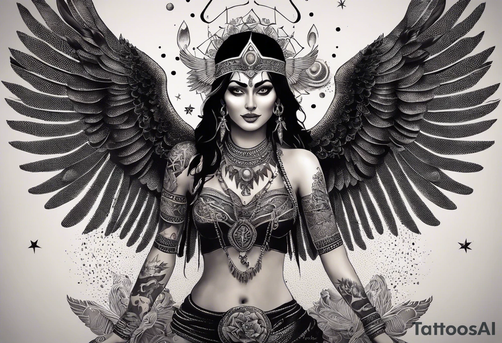 black kali, goddess pirate, alien, angel, pachamama, valkrye, warrior, flying, skull, lotus azul, wing, eagle, zenza resonance, stars, 5D, anahata chakra, death, durga, riding on a tiger, flying lady, chest tatoo tattoo idea
