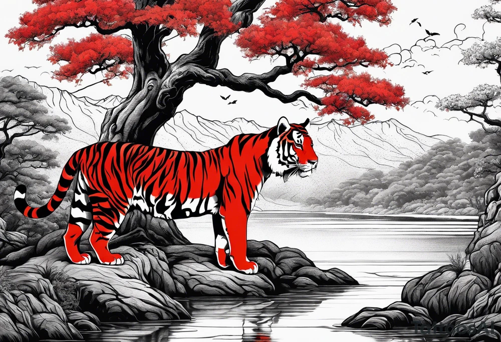 Red japanese oak tree next to a river with a tiger sitting next to it tattoo idea