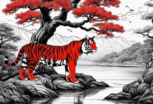 Red japanese oak tree next to a river with a tiger sitting next to it tattoo idea