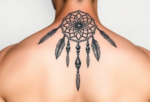 native dreamcatcher with flowing feathers and sacred beads tattoo idea