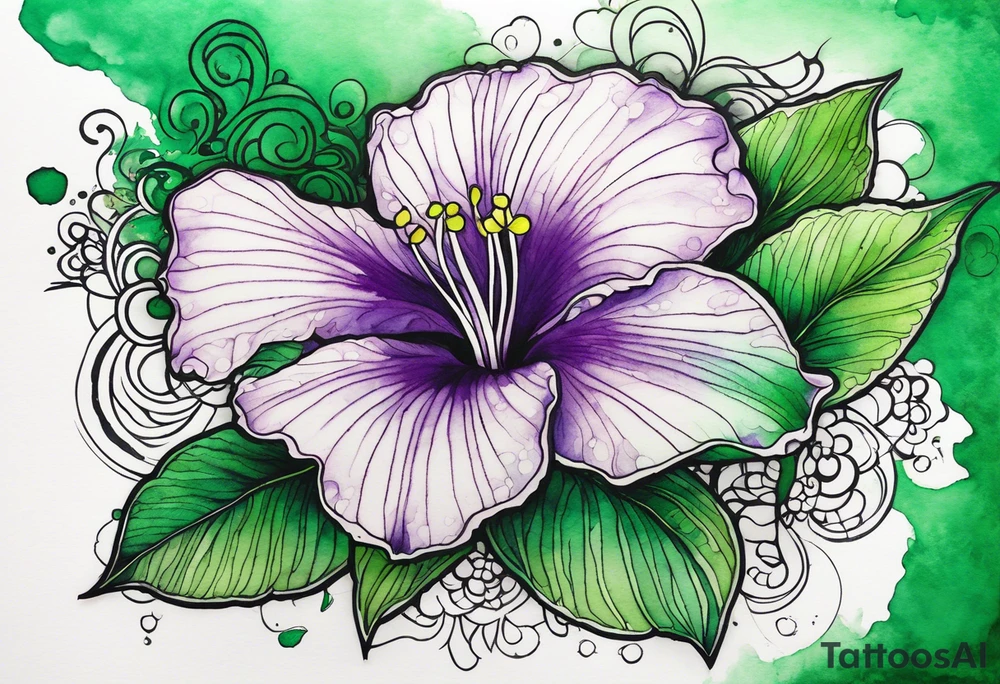 A mystical outline of a green and purple rio dipladenia flower and a green and purple watercolor splash in the background tattoo idea