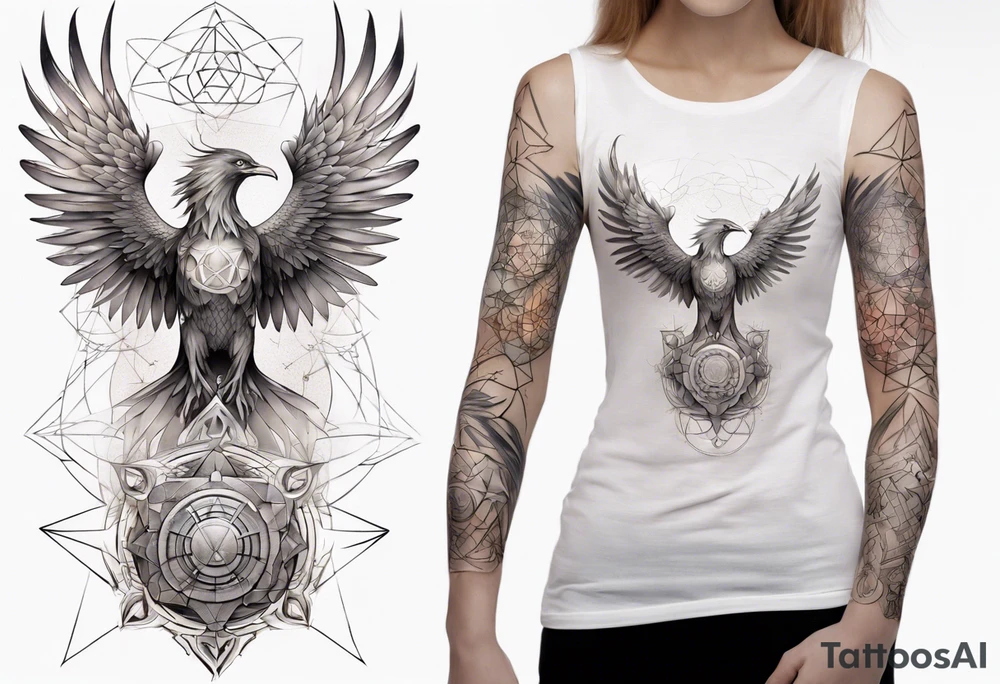 Sleeve for woman's arm phoenix sacred geometry with Metatron's cube tattoo idea