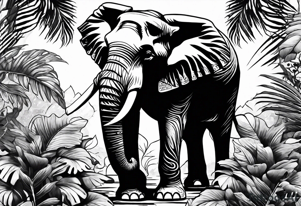 “A majestic elephant with its trunk raised, surrounded by tropical foliage, symbolizing memory and strength tattoo idea
